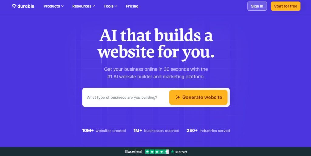 Durable AI website builder homepage - Screenshot