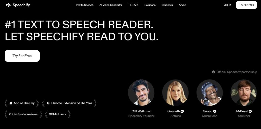 Speechify Homepage - Screenshot