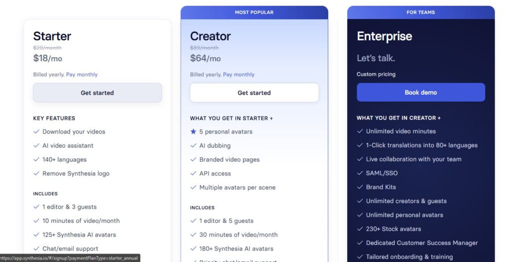 Synthesia Pricing Screenshot