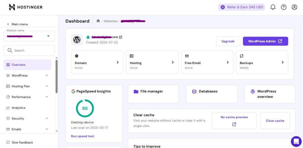 Hostinger dashboard Screenshot