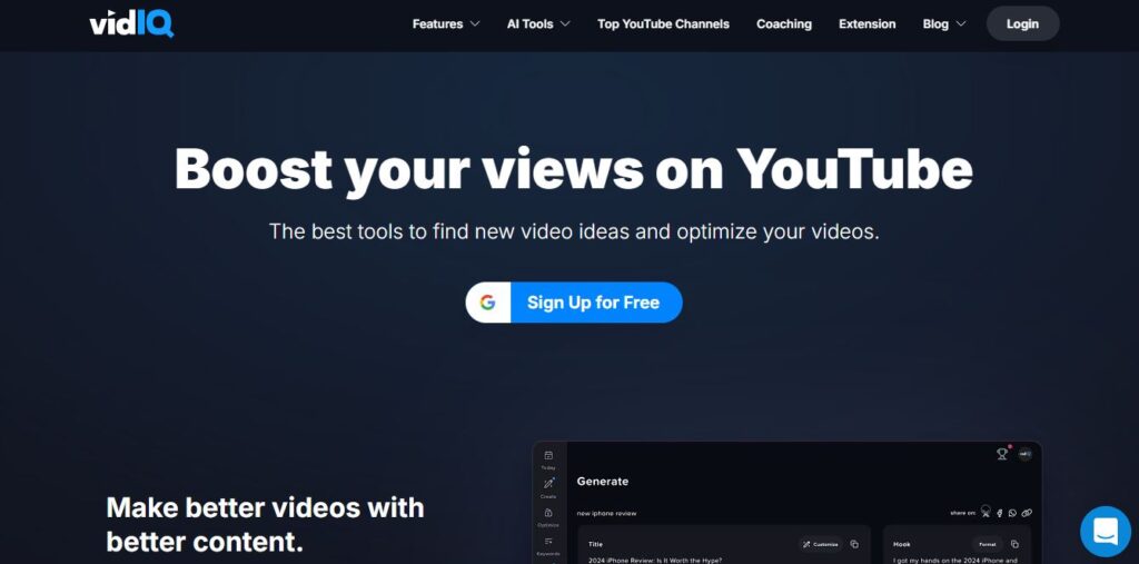 VidIQ Homepage - Screenshot